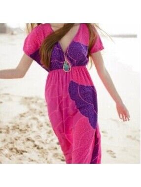 Trina Turk Silk Maxi Dress Size 6 pink and purple stretch hot pink floral